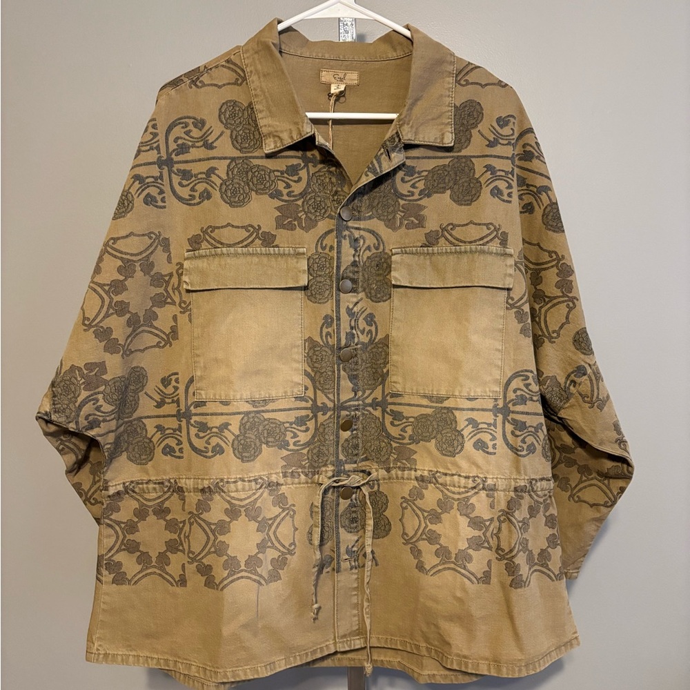 Easel Women’s button up jacket deep khaki floral stamped design drawstring Small